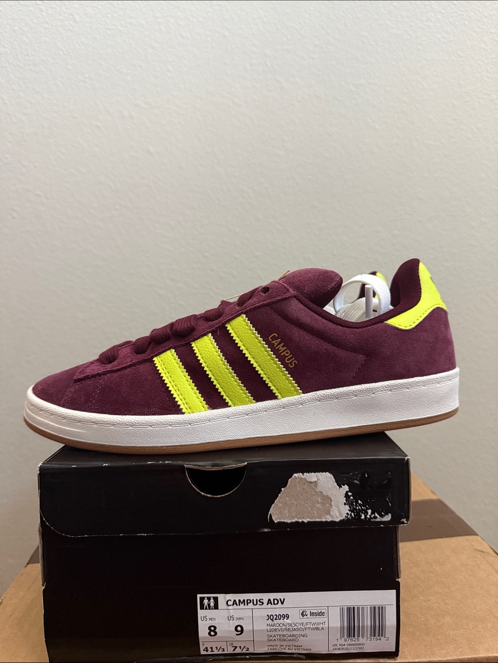 adidas Campus Men's Suede Sneakers in Burgundy with Neon Yellow Stripes